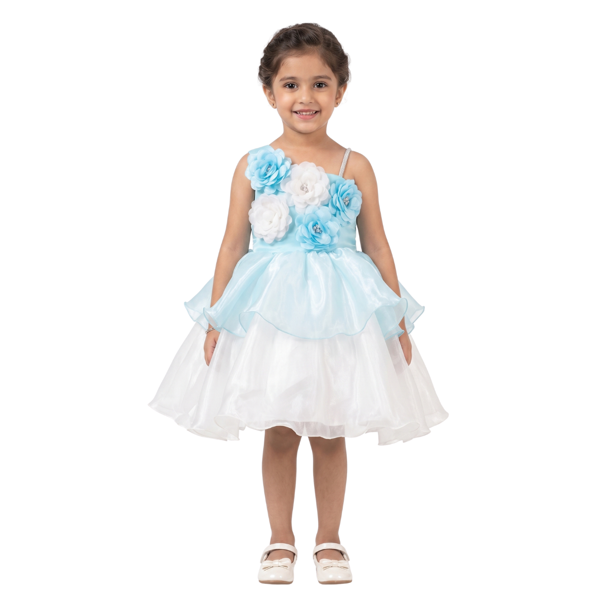 Aqua Blossom Dual-Tone Organza Party Frock – Sky Blue & Pearl White