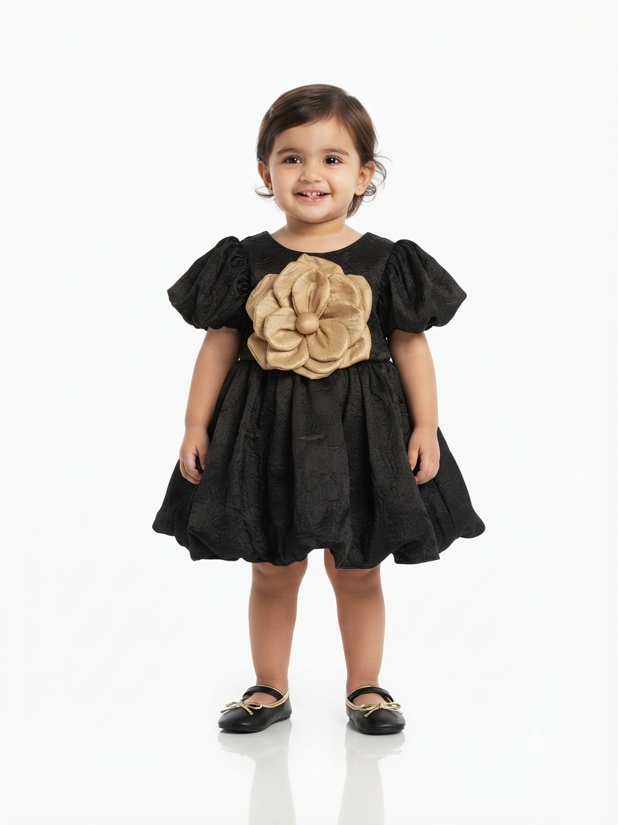 Midnight & Gold Statement Floral Puff-Sleeve Party Frock for Toddler Girls