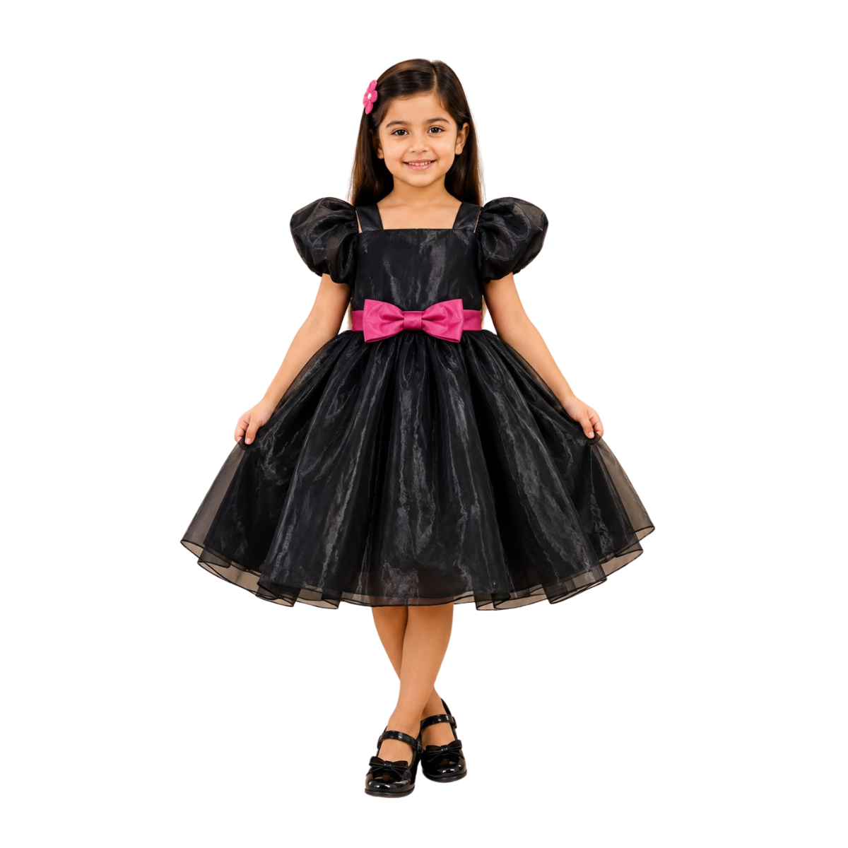 Black Organza Party Dress with Pink Bow