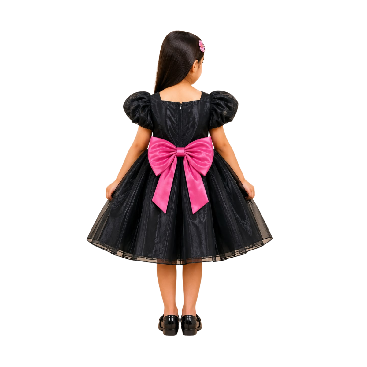 Black Organza Party Dress with Pink Bow Photo 3