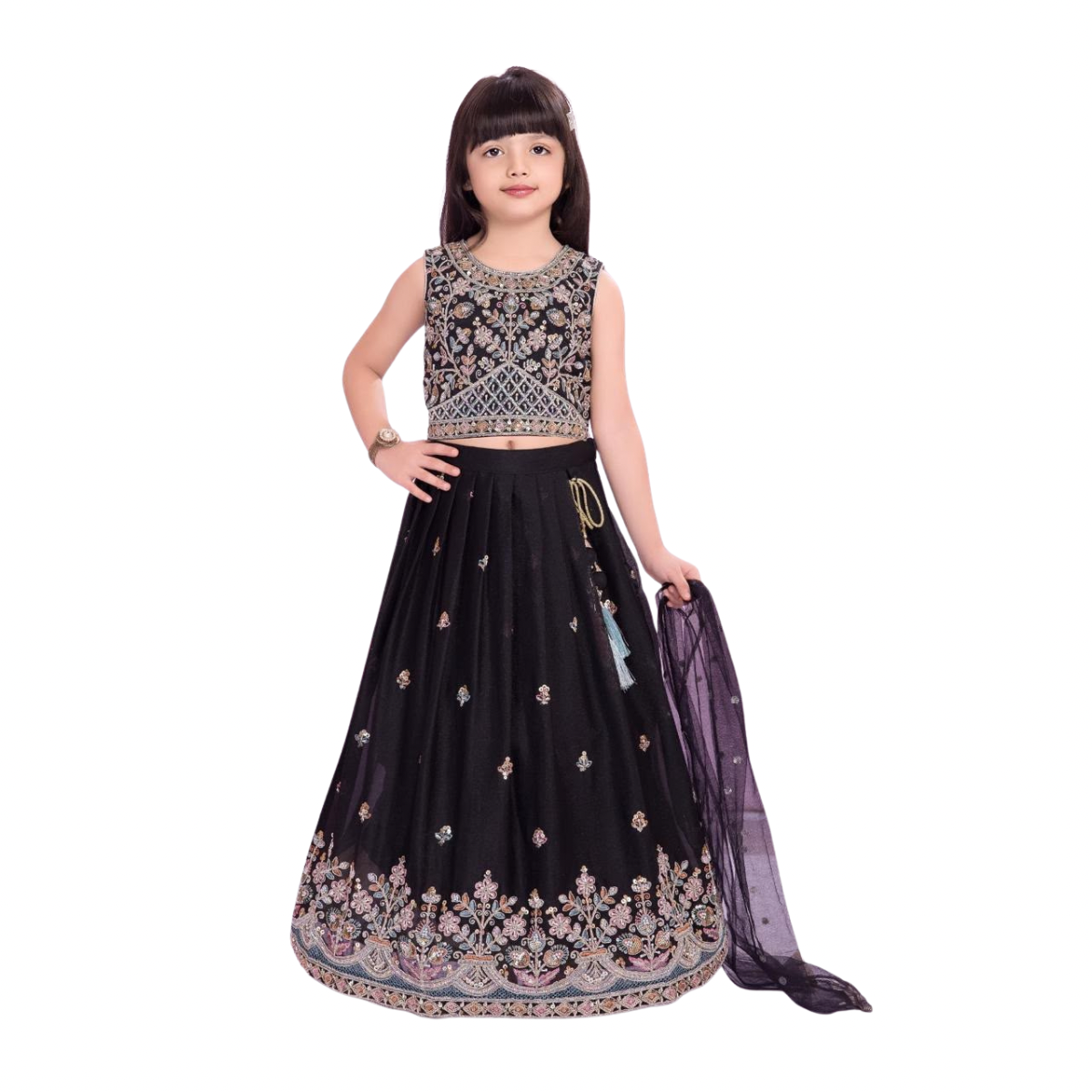 Kidstown Girls Black Embroidered Lehenga Choli Set