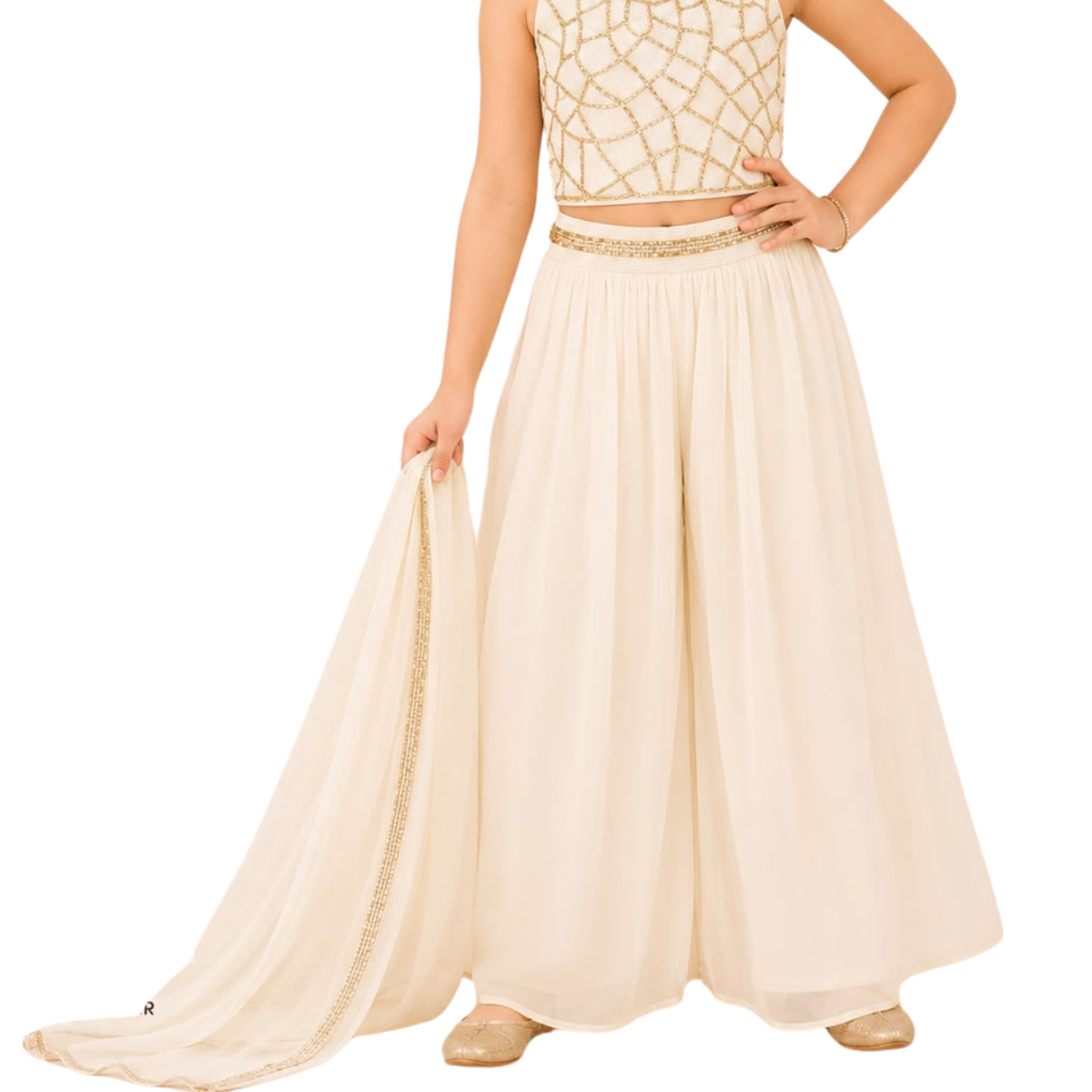Kidstown Girls cream Embellished Palazzo Set Photo 3