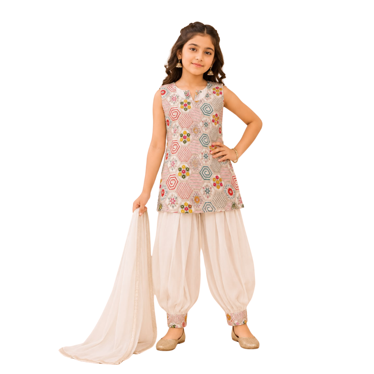 Kidstown Girls Cream Printed Patiala Suit Set