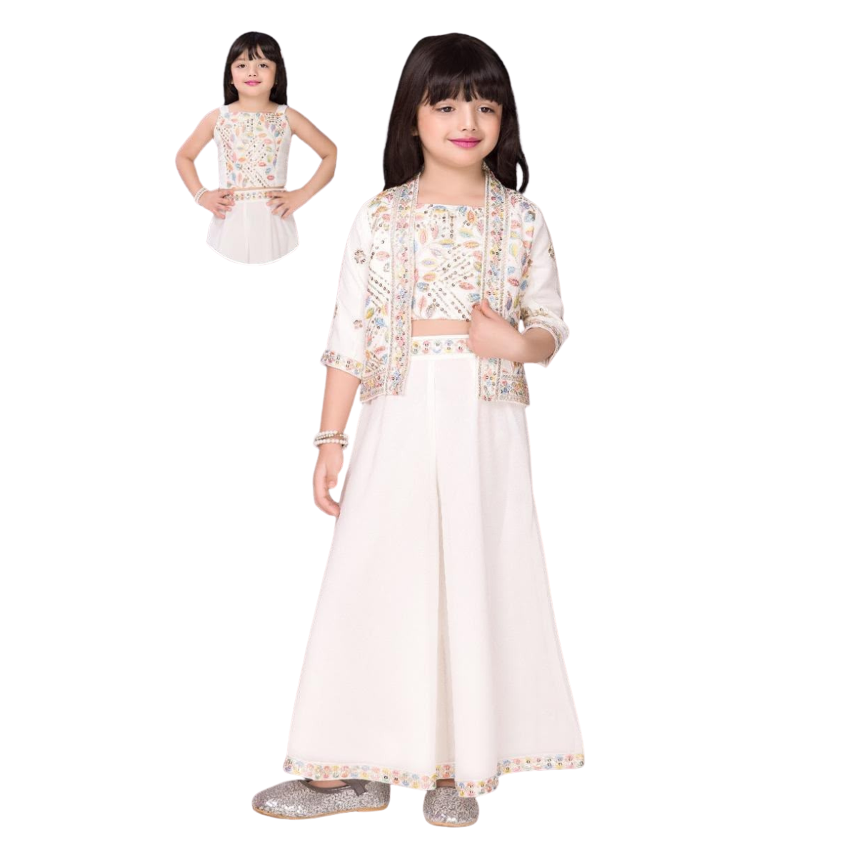 Kidstown Girls Ivory Embroidered Palazzo Set with Jacket