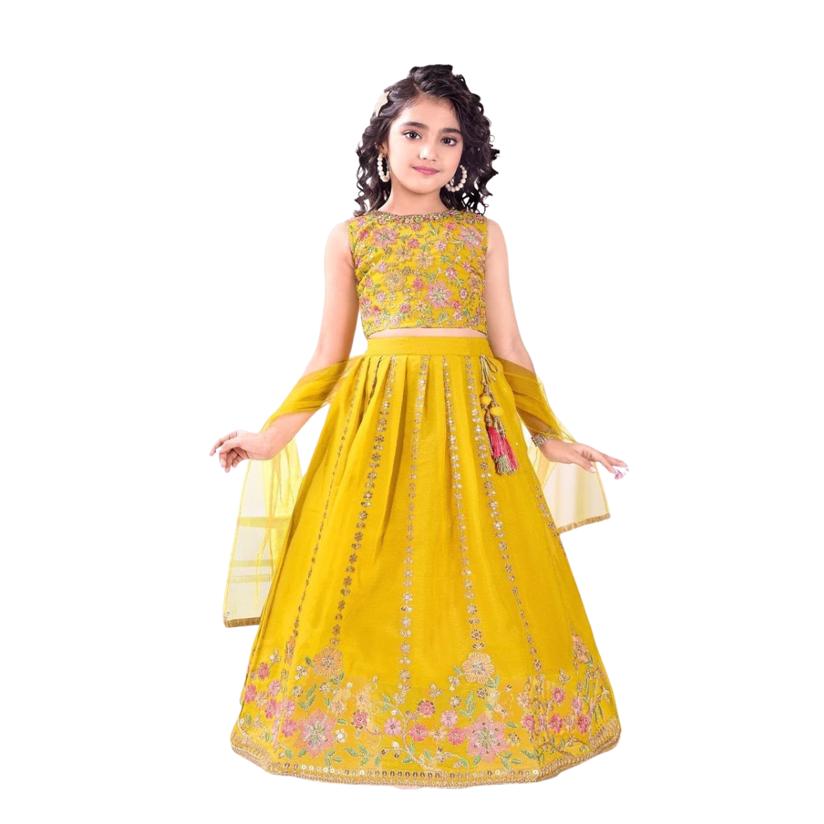 Kidstown Girls Mustard Embroidered Lehenga Choli Set