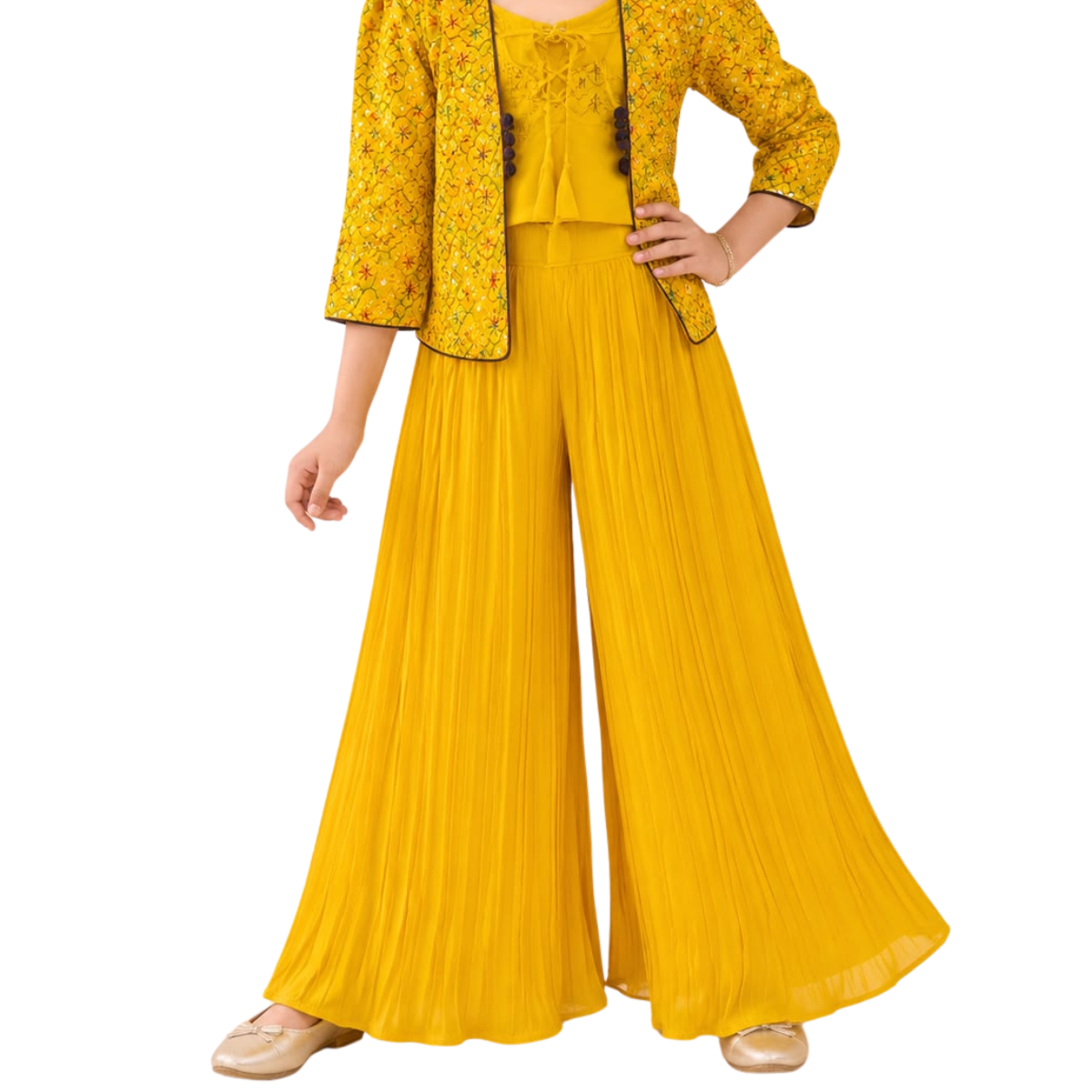 Kidstown Girls Mustard Embroidered Palazzo Set Photo 3