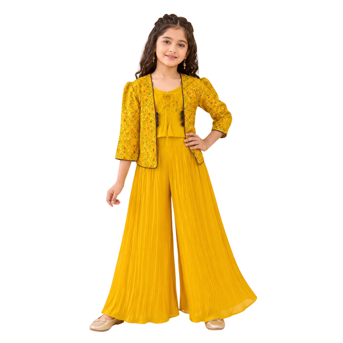Kidstown Girls Mustard Embroidered Palazzo Set