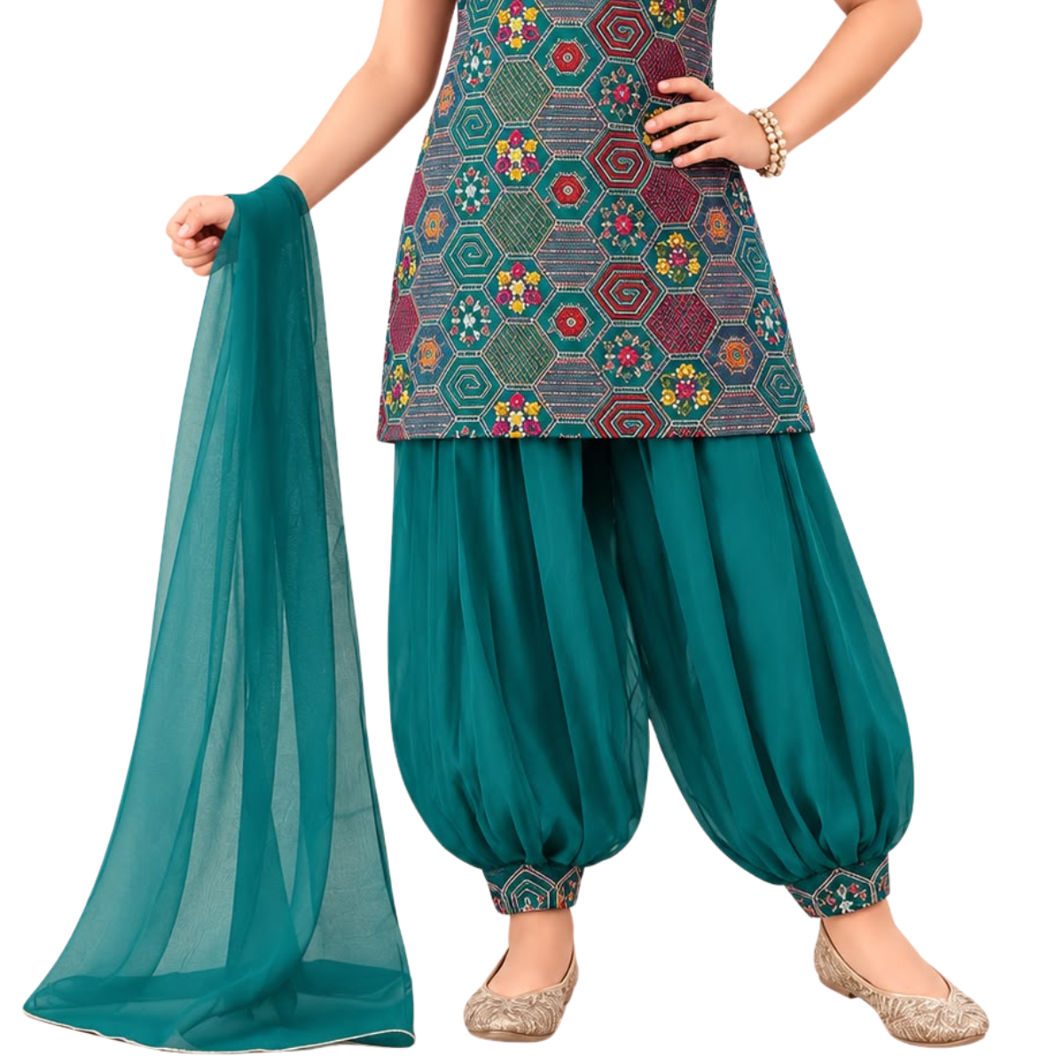 Kidstown Girls Rama Green Printed Patiala Suit Set