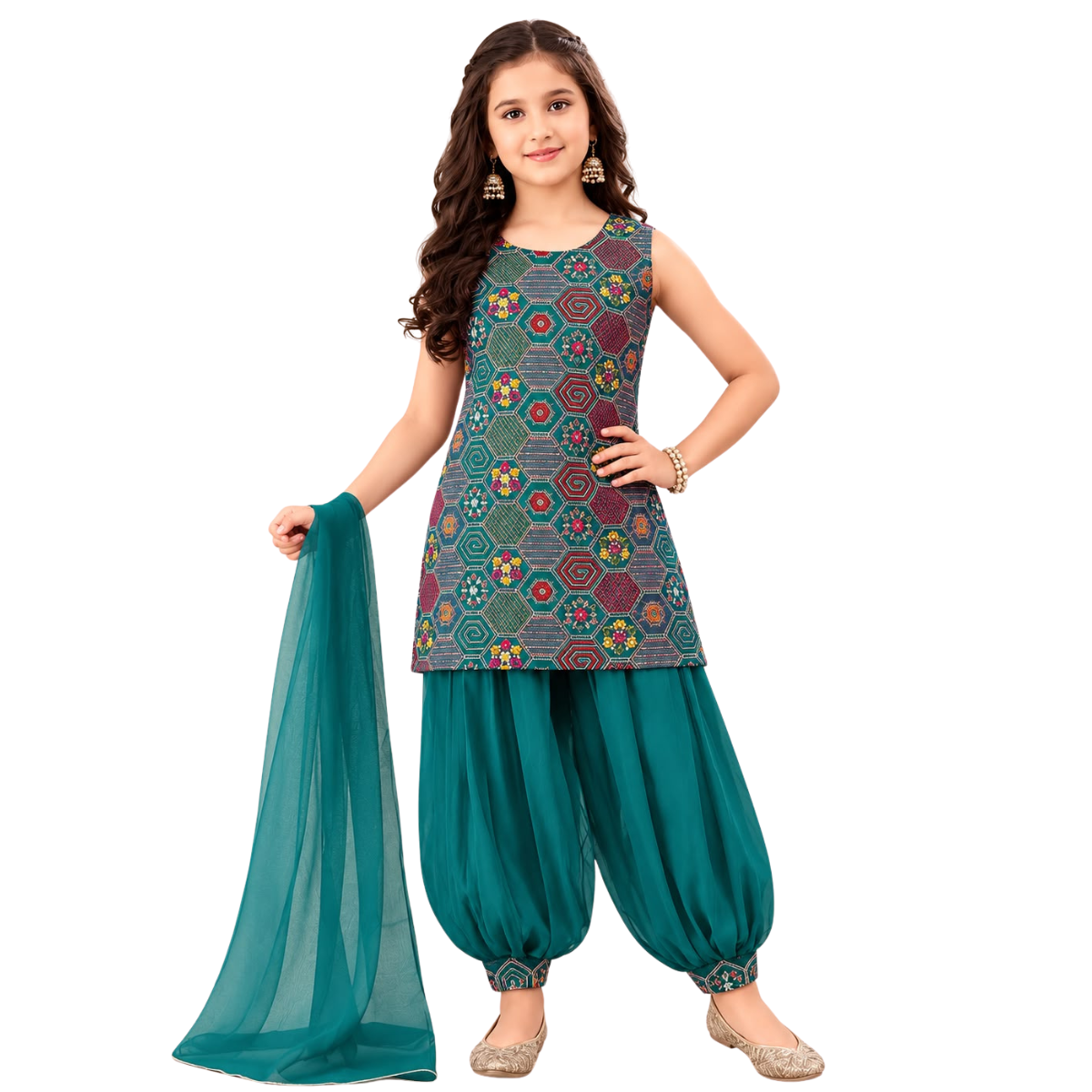 Kidstown Girls Rama Green Printed Patiala Suit Set Photo 3
