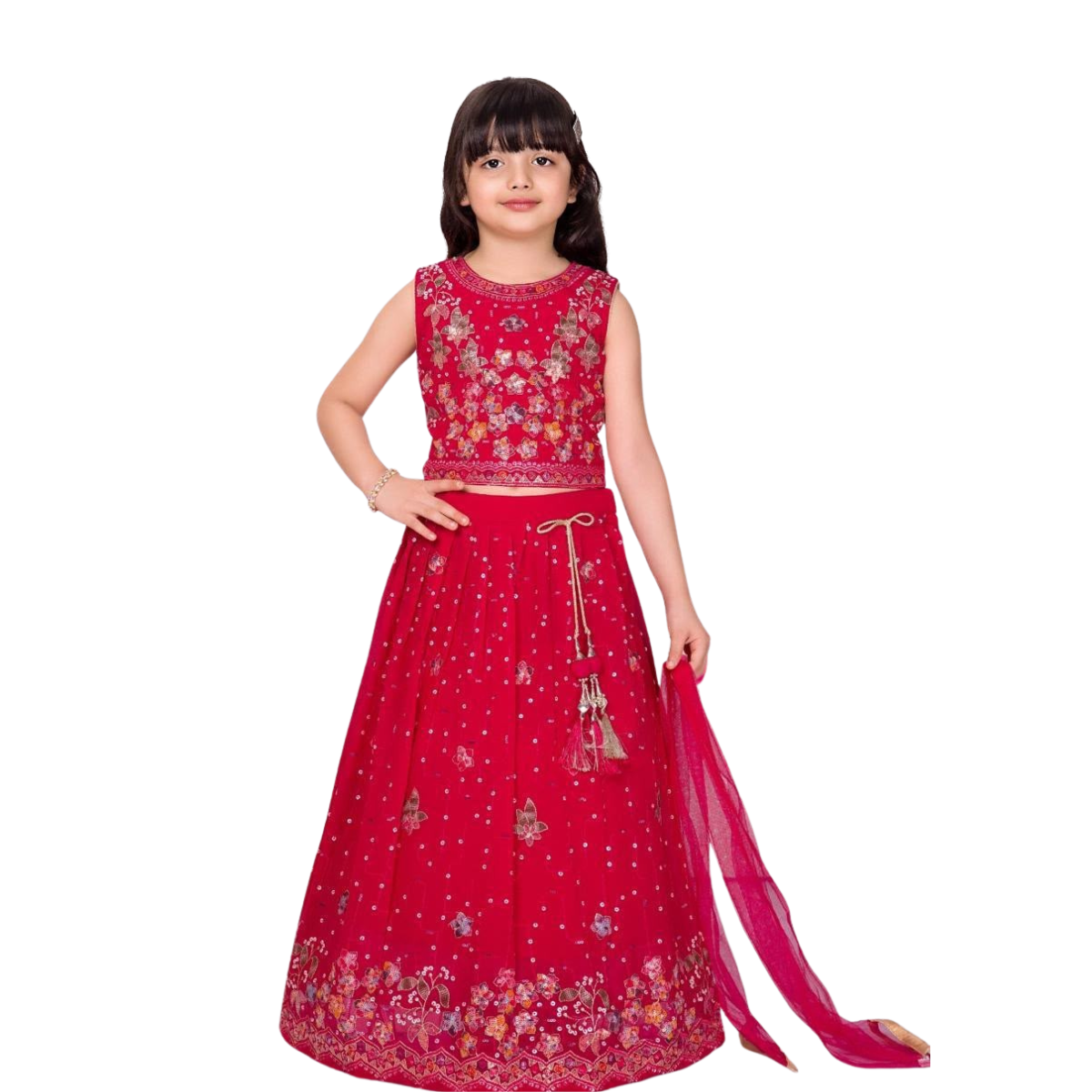 : Kidstown Girls Red Embroidered Lehenga Choli Set