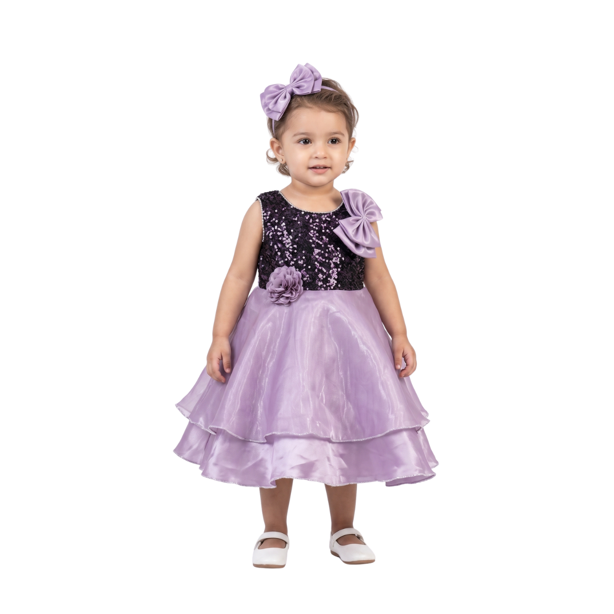Lilac Blossom Shimmer Tiered Party Dress with Sequin Bodice & Shoulder Bow