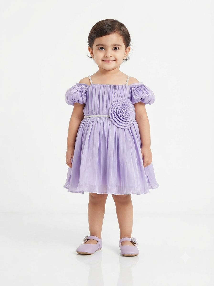 Lavender Pleated Chiffon & Rosette Party Frock for Toddler Girls