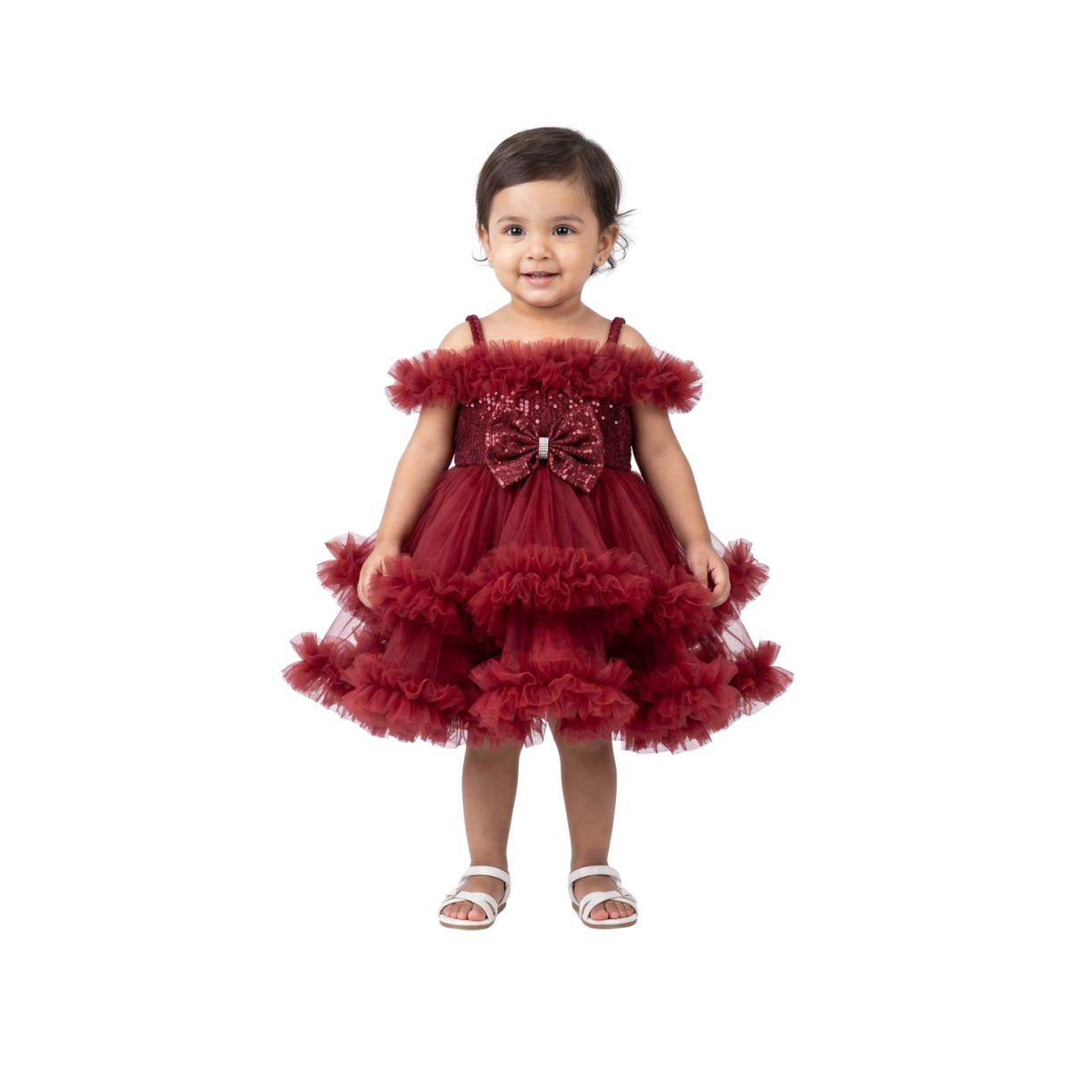 Maroon Ruffled Off-Shoulder Ballgown