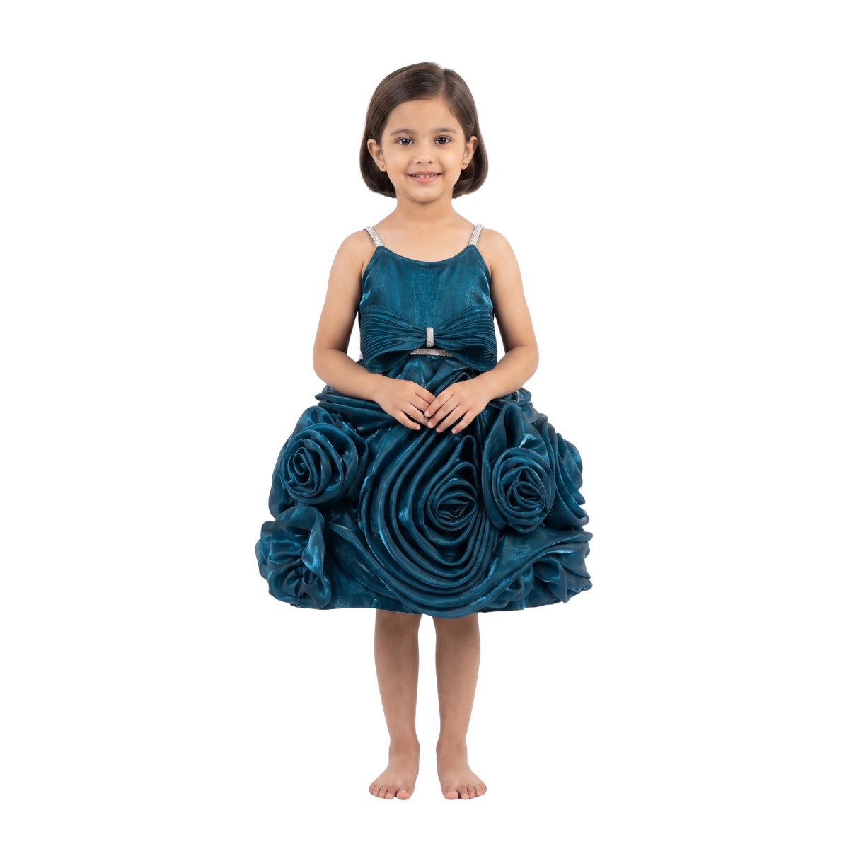 Peacock Blue Sculpted Rose Organza Frock  Title: Royal Peacock Sculpted Rosette Luxury Party Frock – Deep Teal Blue