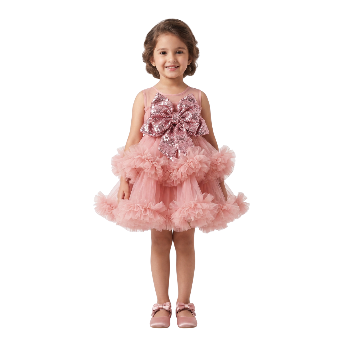 Rose Quartz Shimmer Bow Tiered Tulle Party Frock – Dusty Rose