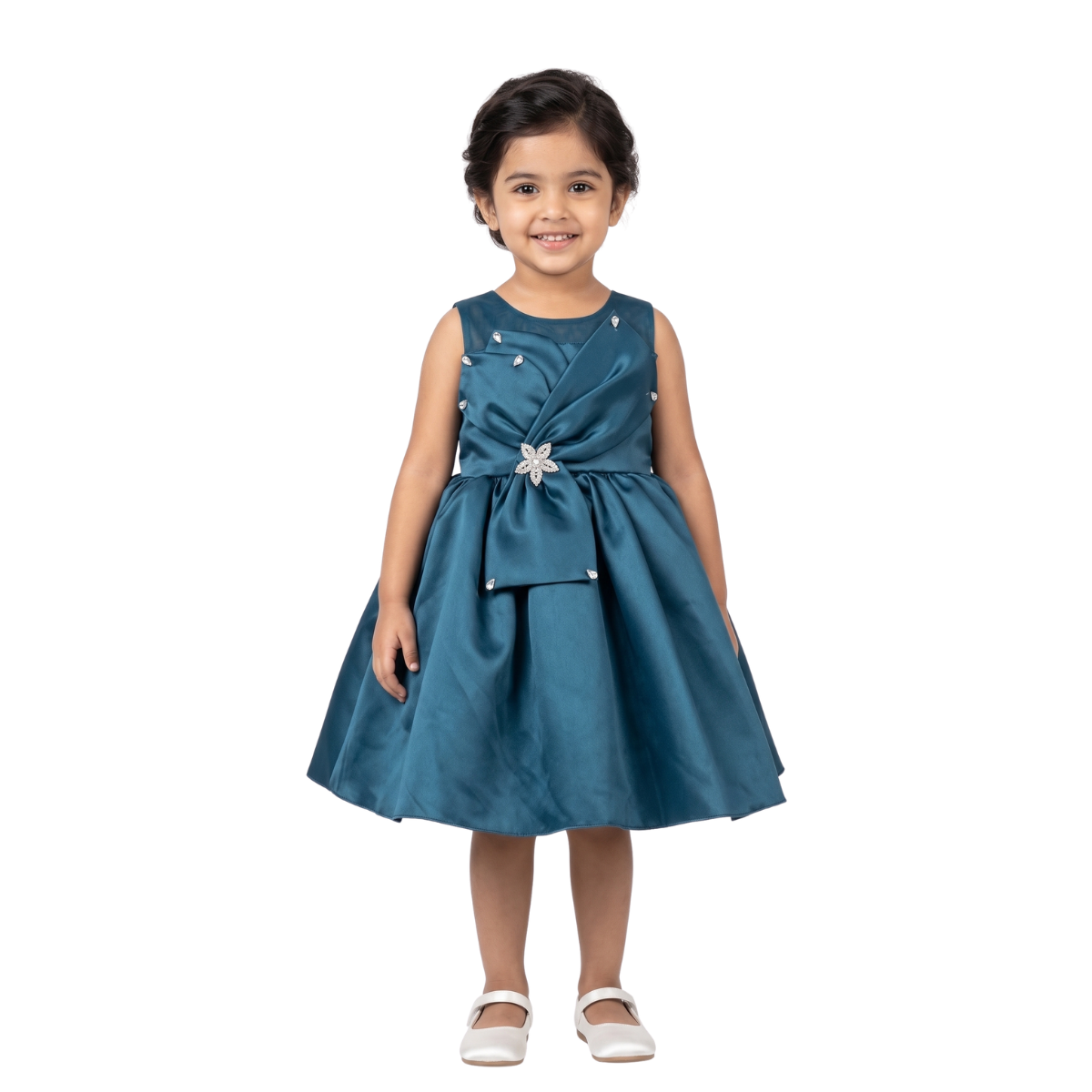 Royal Teal Satin Pleated Party Frock with Crystal Flower Brooch