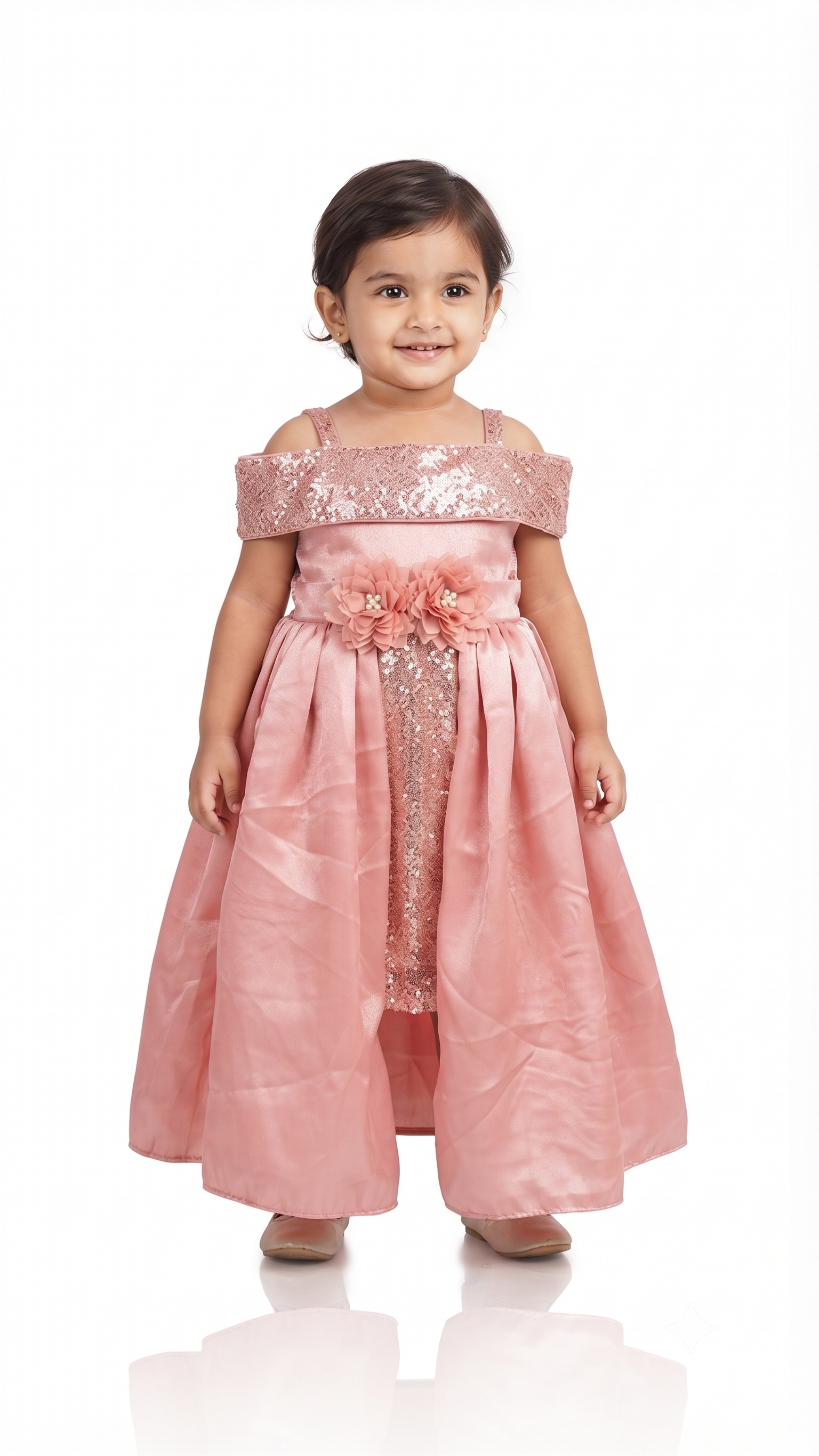 Rose-Gold Sequin & Floral Applique Party Frock for Toddler Girls