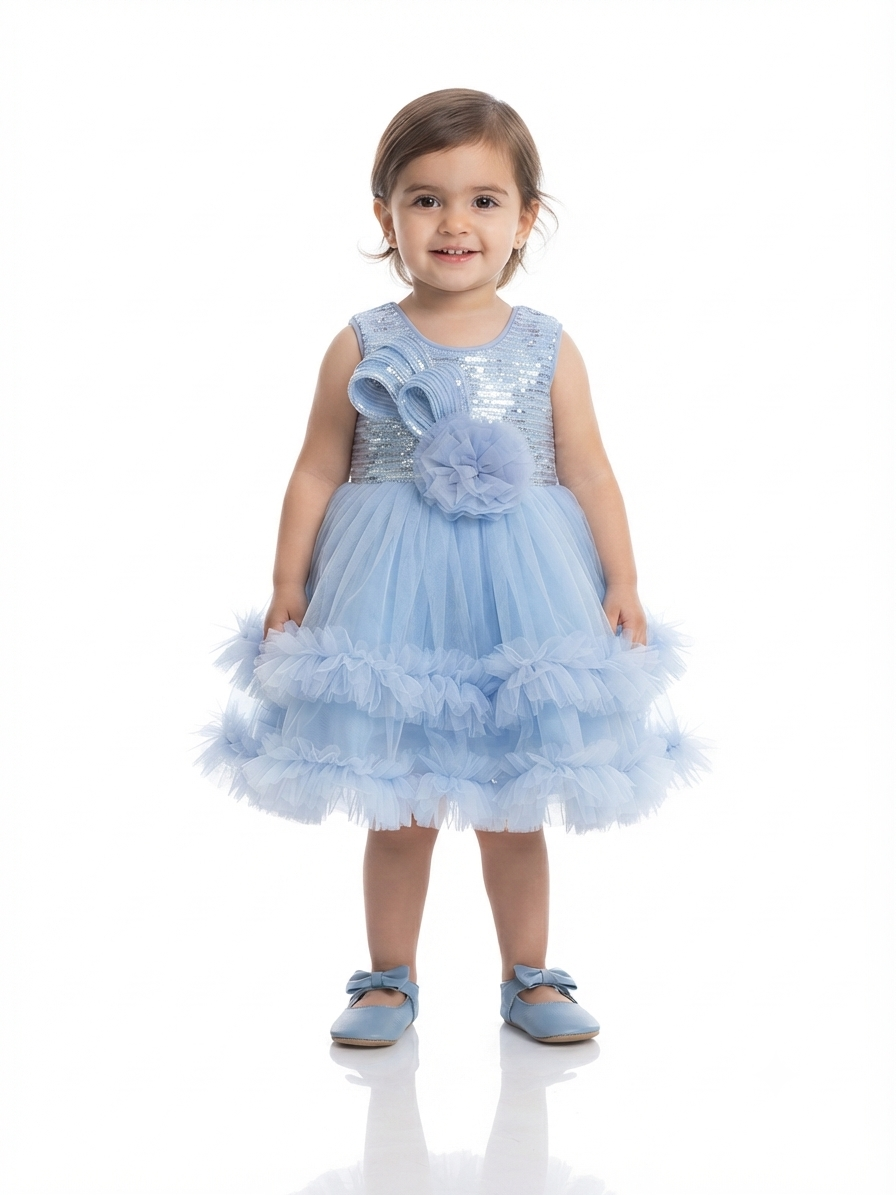 Celestial Blue Sequin & Layered Ruffle Party Frock for Toddler