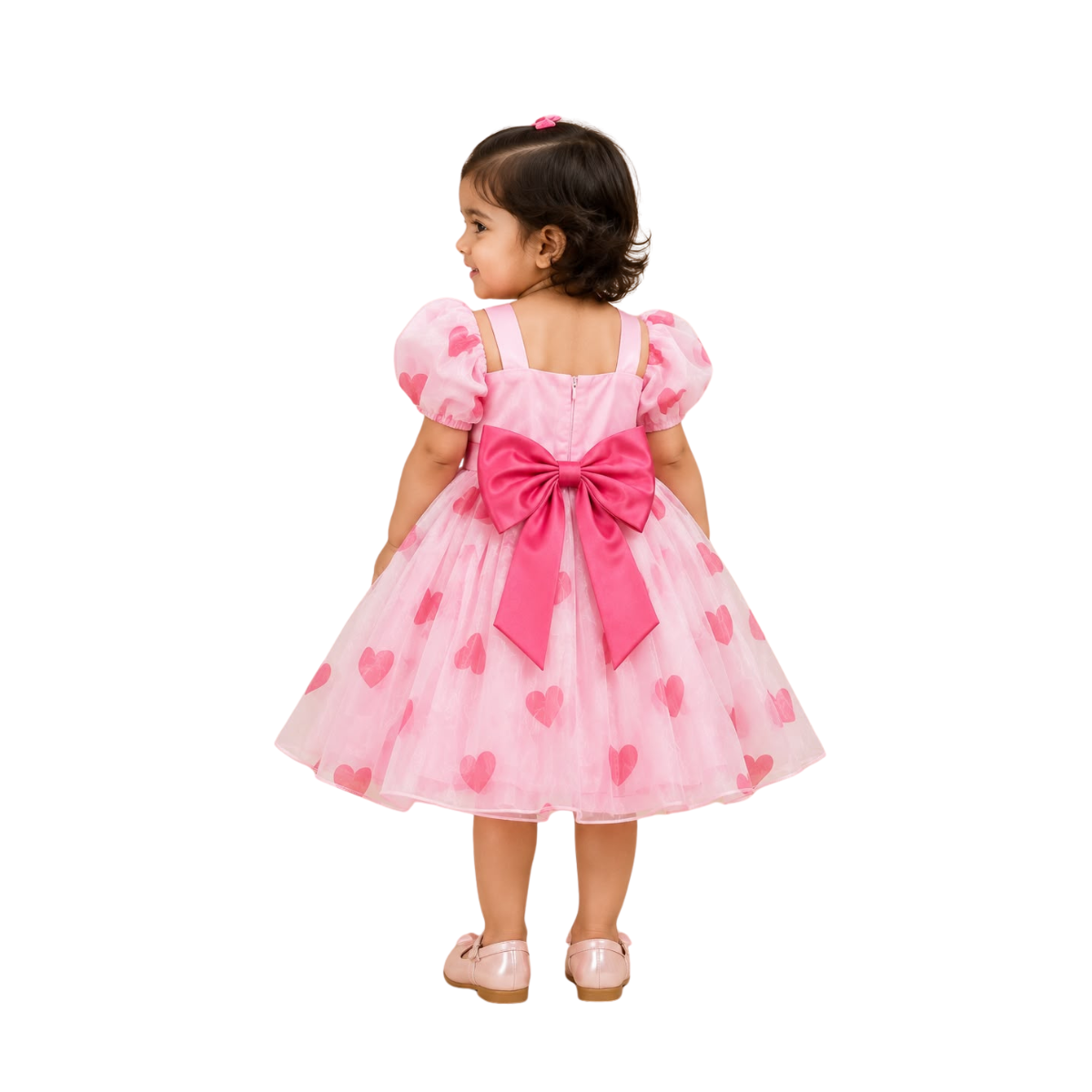 Toddler Pink Heart Print Frock – Puff Sleeve Party Dress with Back Bow Photo 3