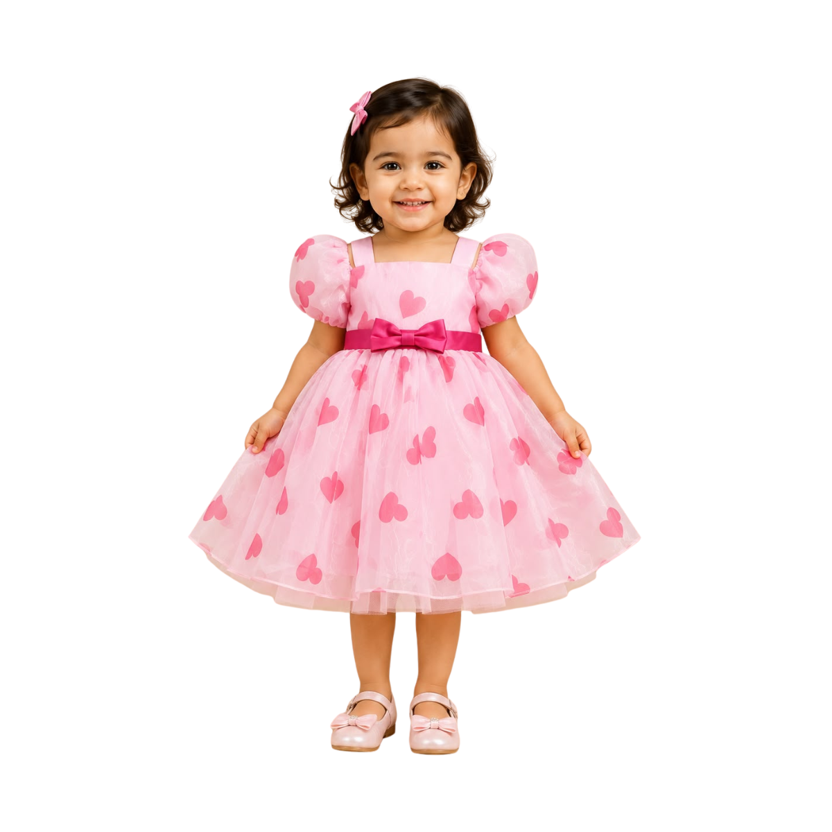 Toddler Pink Heart Print Frock – Puff Sleeve Party Dress with Back Bow