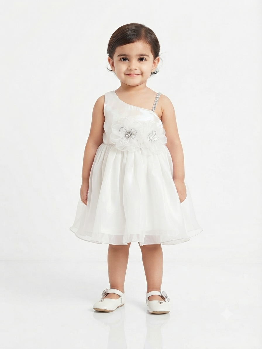 Ivory Crystal-Strap Floral Organza Party Frock for Toddler Girls