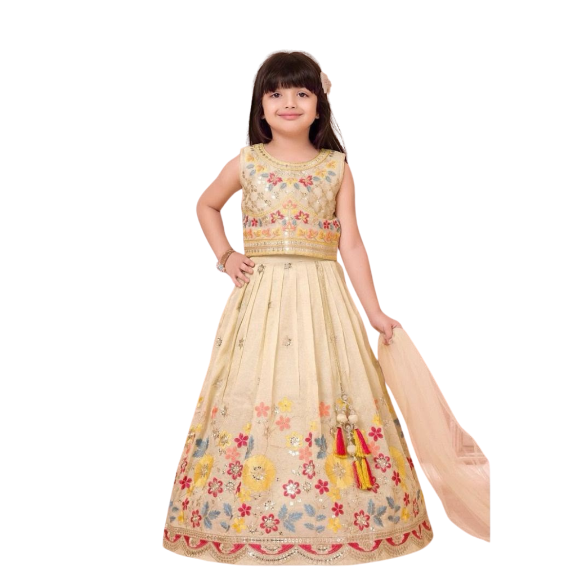 Kidstown Girls Cream Embroidered Lehenga Choli Set