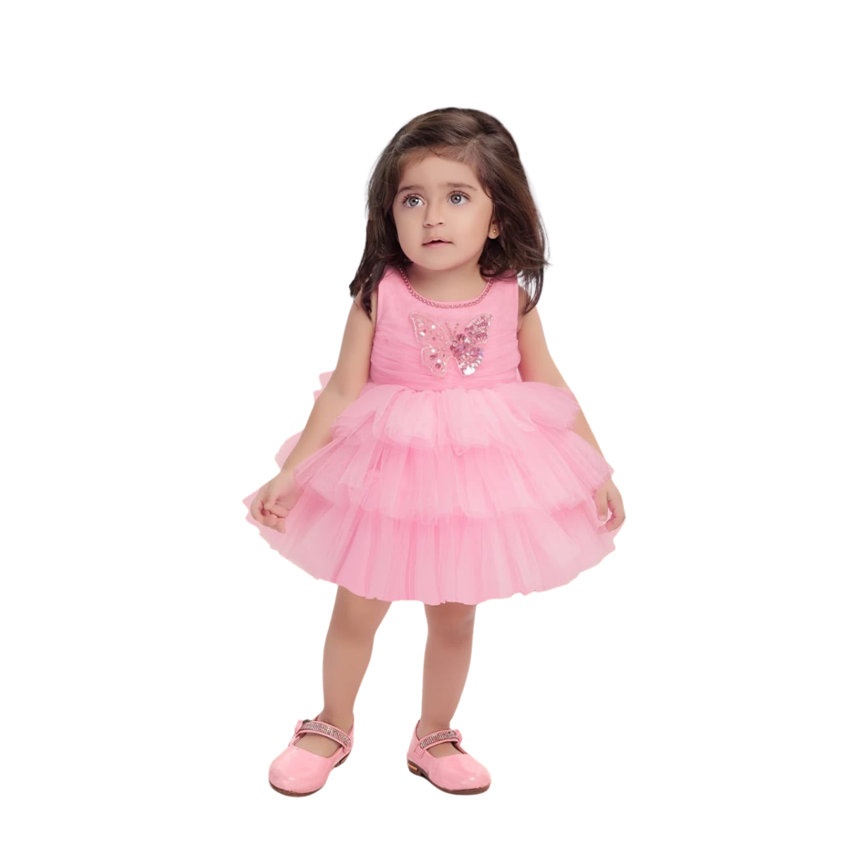 Kidstown Pink Butterfly Party Wear Frock with Booties